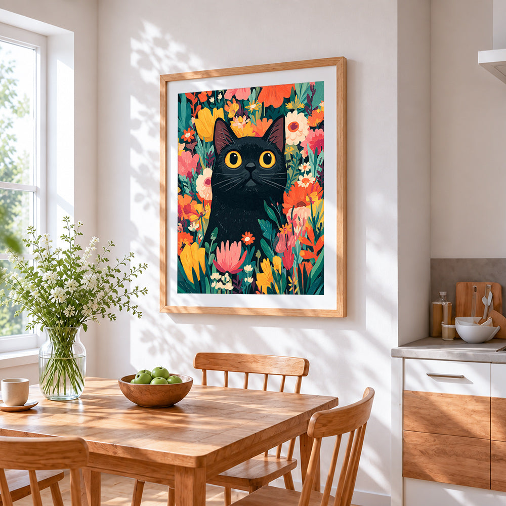 Black cat in wildflower garden cross stitch artwork displayed on wall as home decor