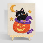 Black cat inside pumpkin hat punch needle kit for beginners