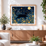 Finished black cat jumping under the moon cross stitch artwork displayed