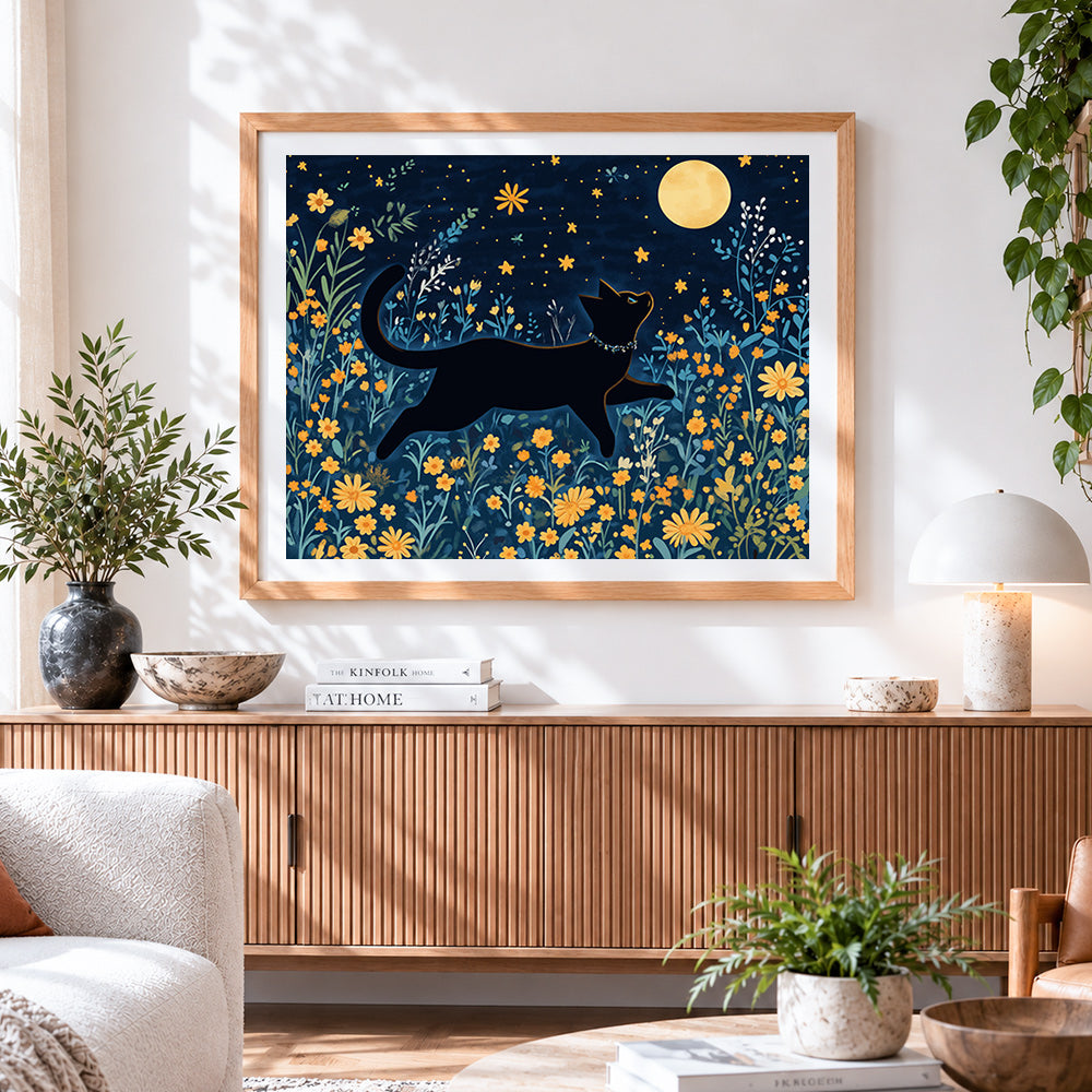 Finished black cat jumping under the moon paint by numbers artwork displayed as home decor