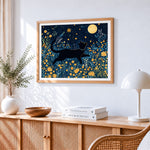 Black cat jumping under the moon paint by numbers artwork displayed on wall as home decor
