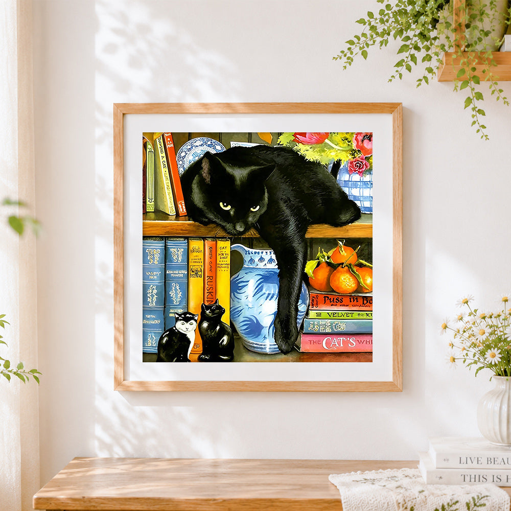 Finished black cat lounging on a bookshelf paint by numbers artwork displayed as home decor