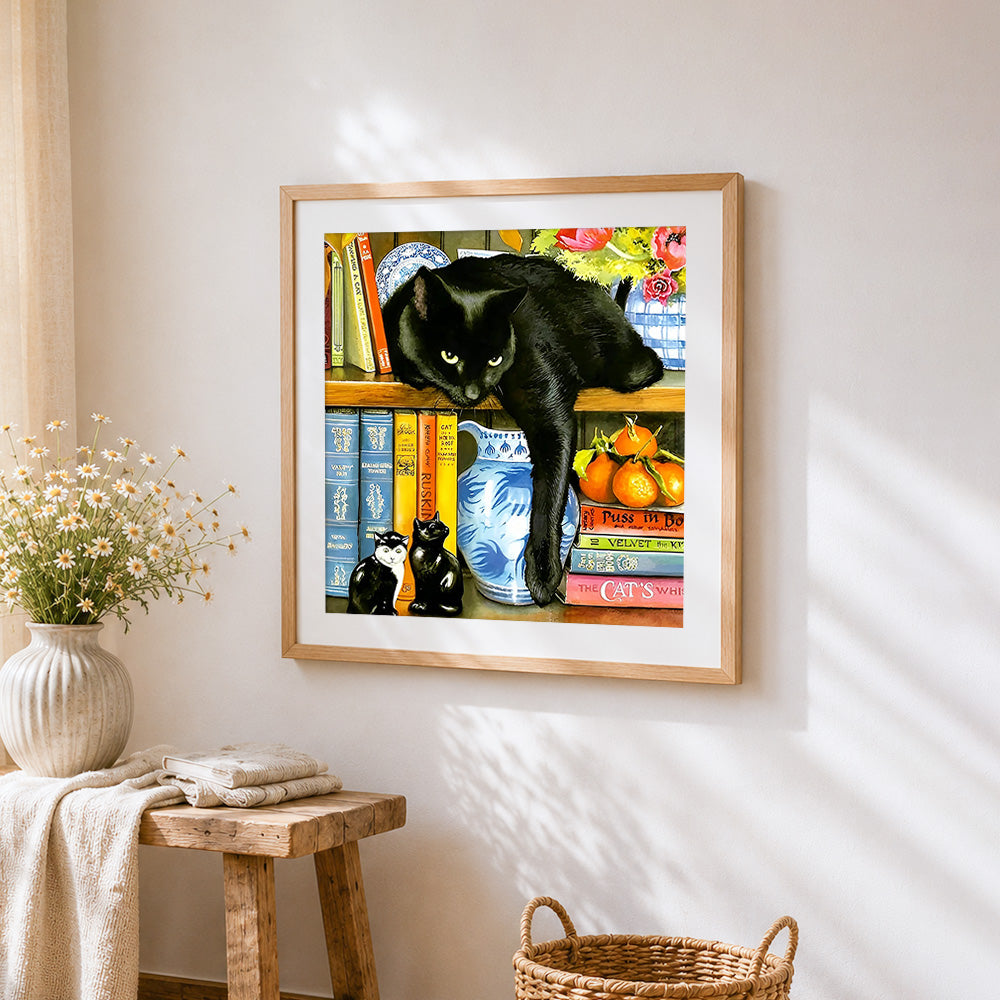 Black cat lounging on a bookshelf paint by numbers artwork displayed on wall as home decor
