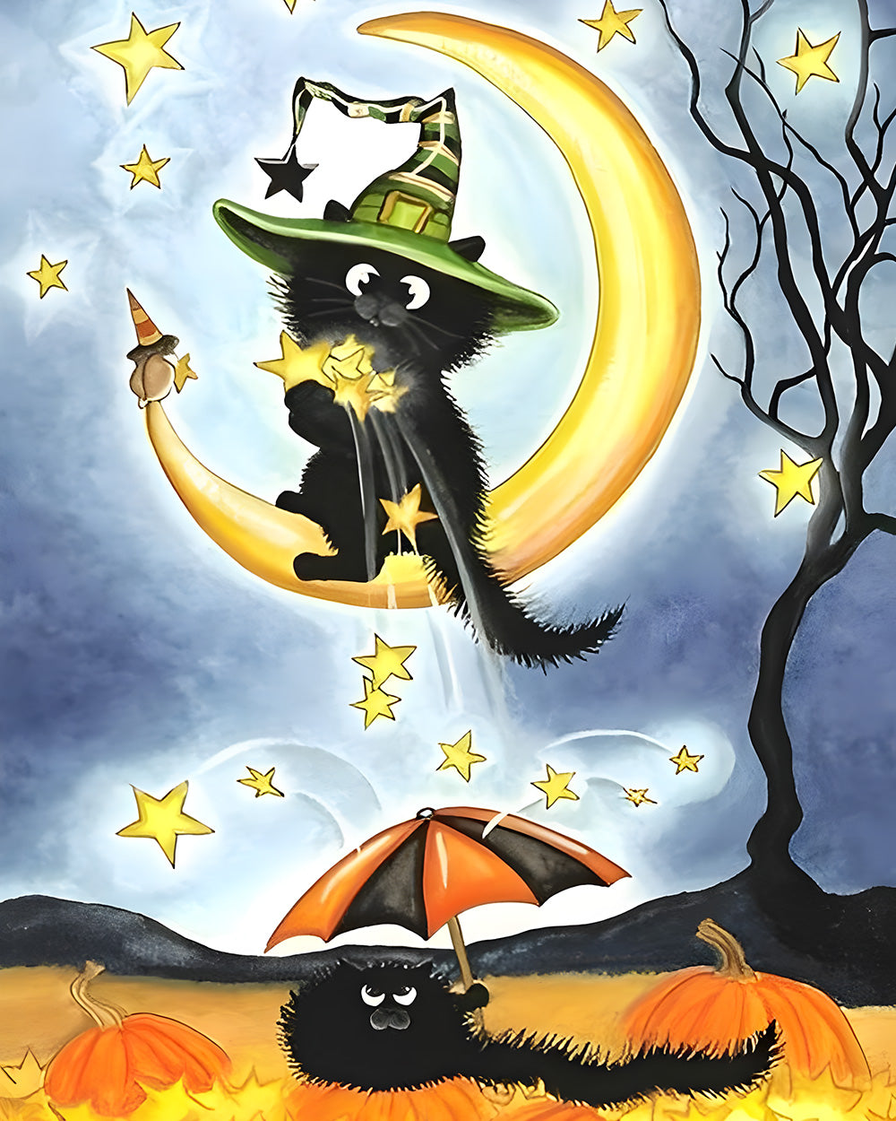 Black cat on crescent moon cross stitch kit for beginners