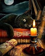 Black cat on magic books by candlelight cross stitch kit for beginners