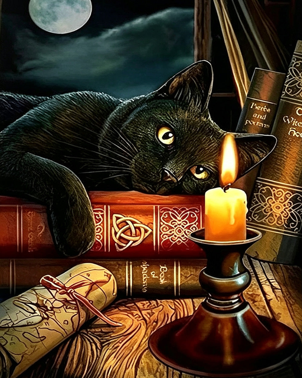 Black cat on magic books by candlelight cross stitch kit for beginners