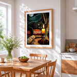 Black cat on magic books by candlelight cross stitch artwork displayed on wall as home decor