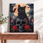 Finished black cat on skull with red roses pearl diamond painting artwork displayed as home decor