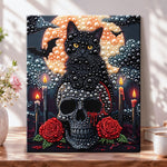 Black cat on skull with red roses pearl diamond painting kit for beginners