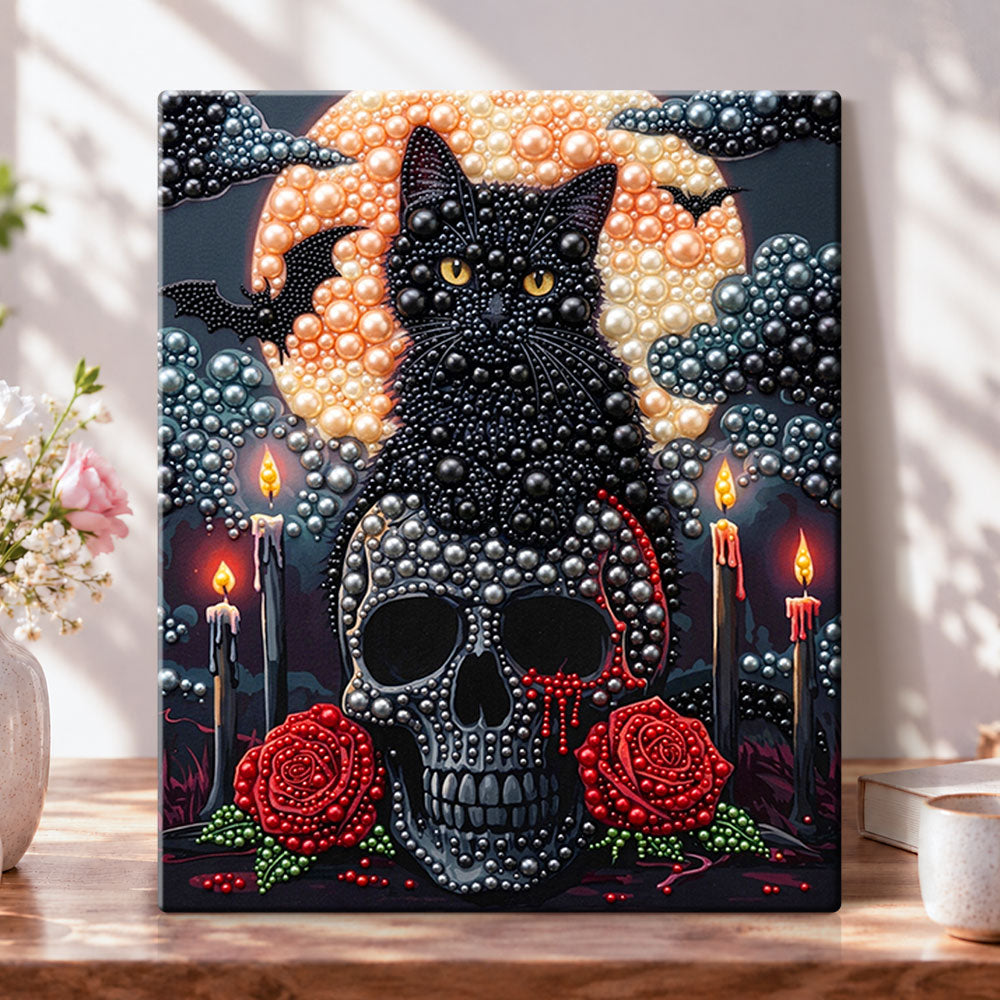 Black cat on skull with red roses pearl diamond painting kit for beginners