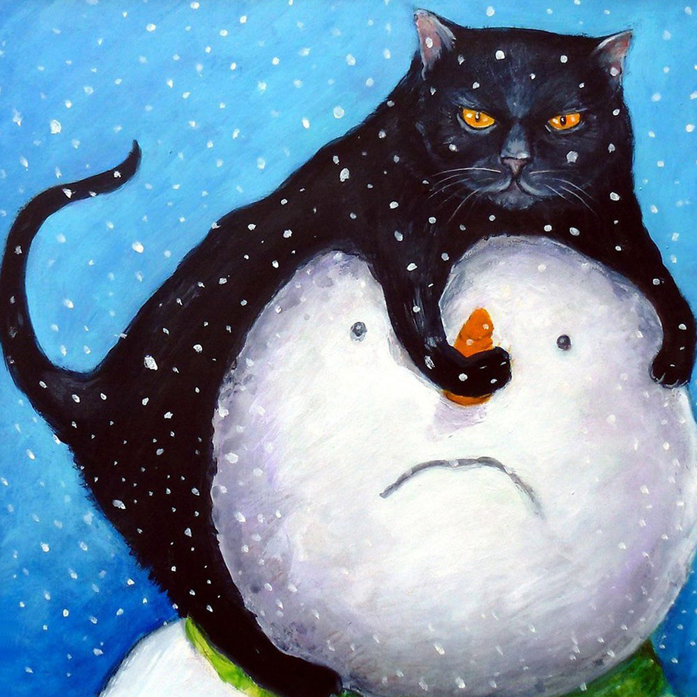 Black cat on snowman cross stitch kit for beginners