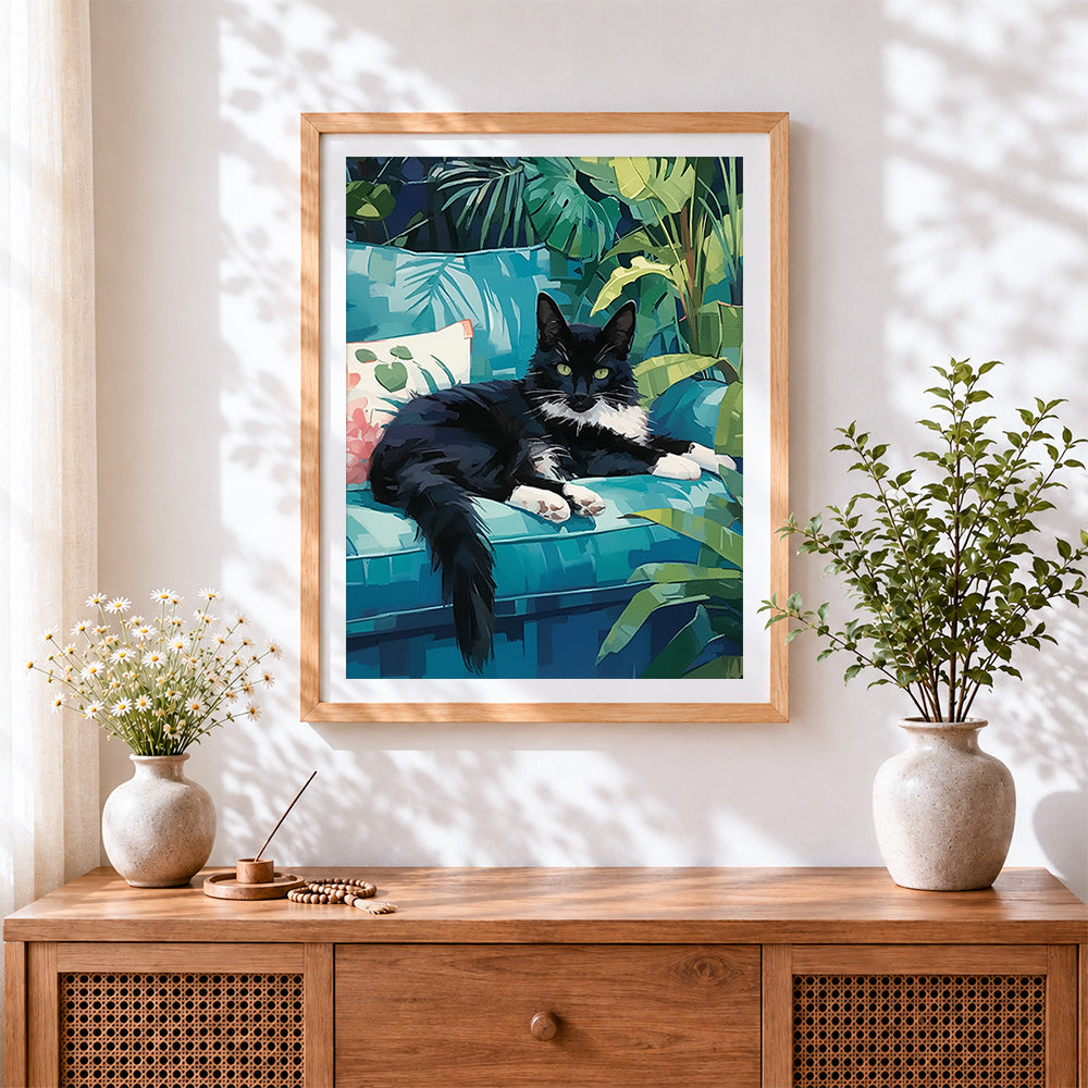 Finished black cat on teal sofa cross stitch artwork displayed
