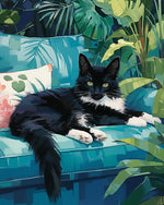 Black cat on teal sofa cross stitch kit for beginners