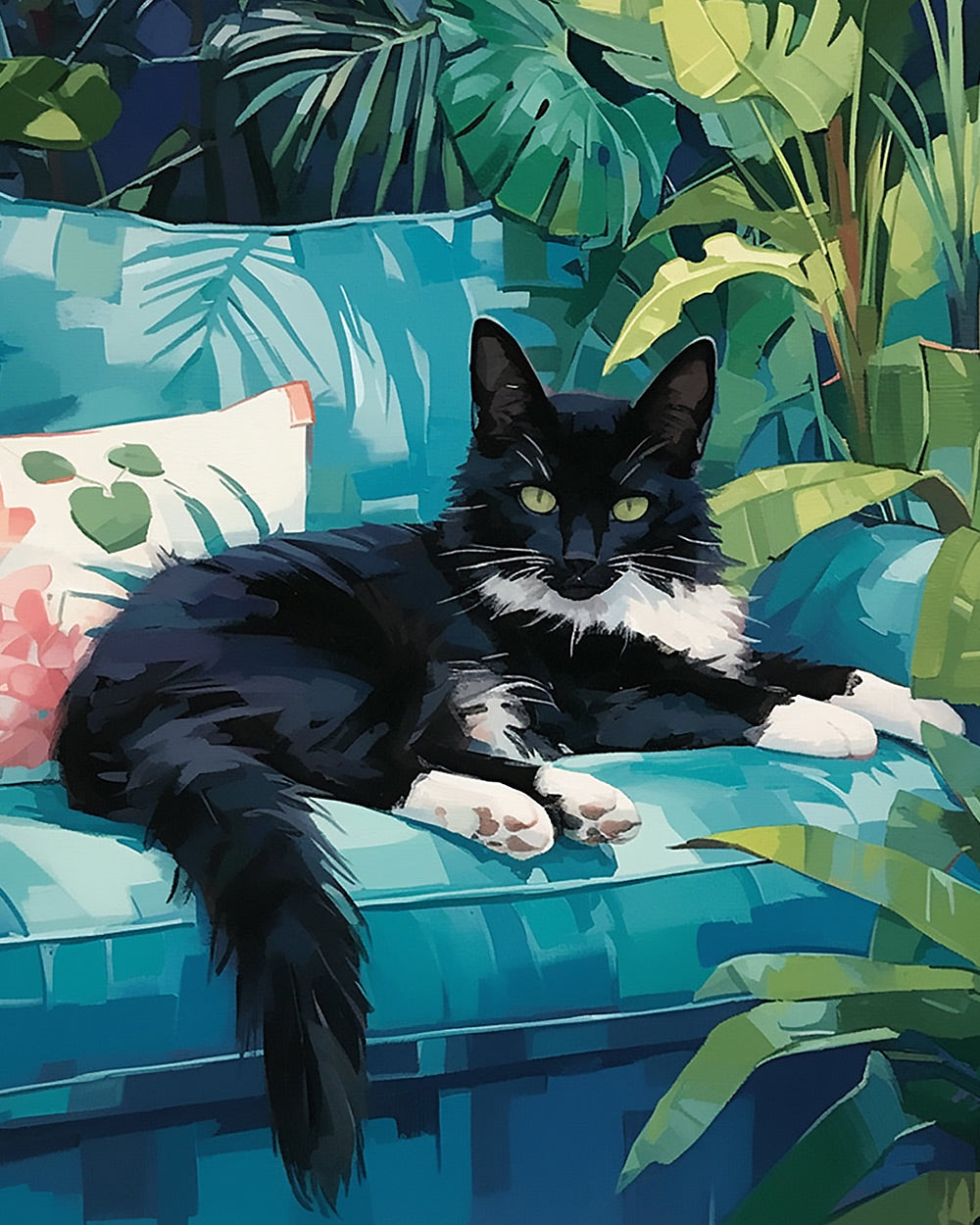 Black cat on teal sofa cross stitch kit for beginners