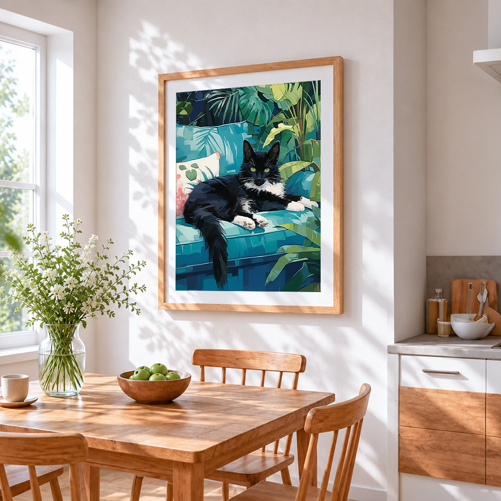 Black cat on teal sofa cross stitch artwork displayed on wall as home decor