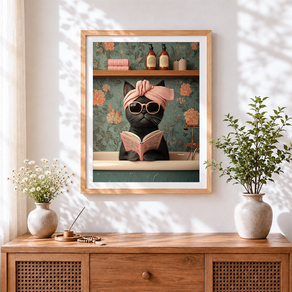 Finished black cat reading in bath cross stitch artwork displayed