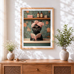 Finished black cat reading in bath cross stitch artwork displayed