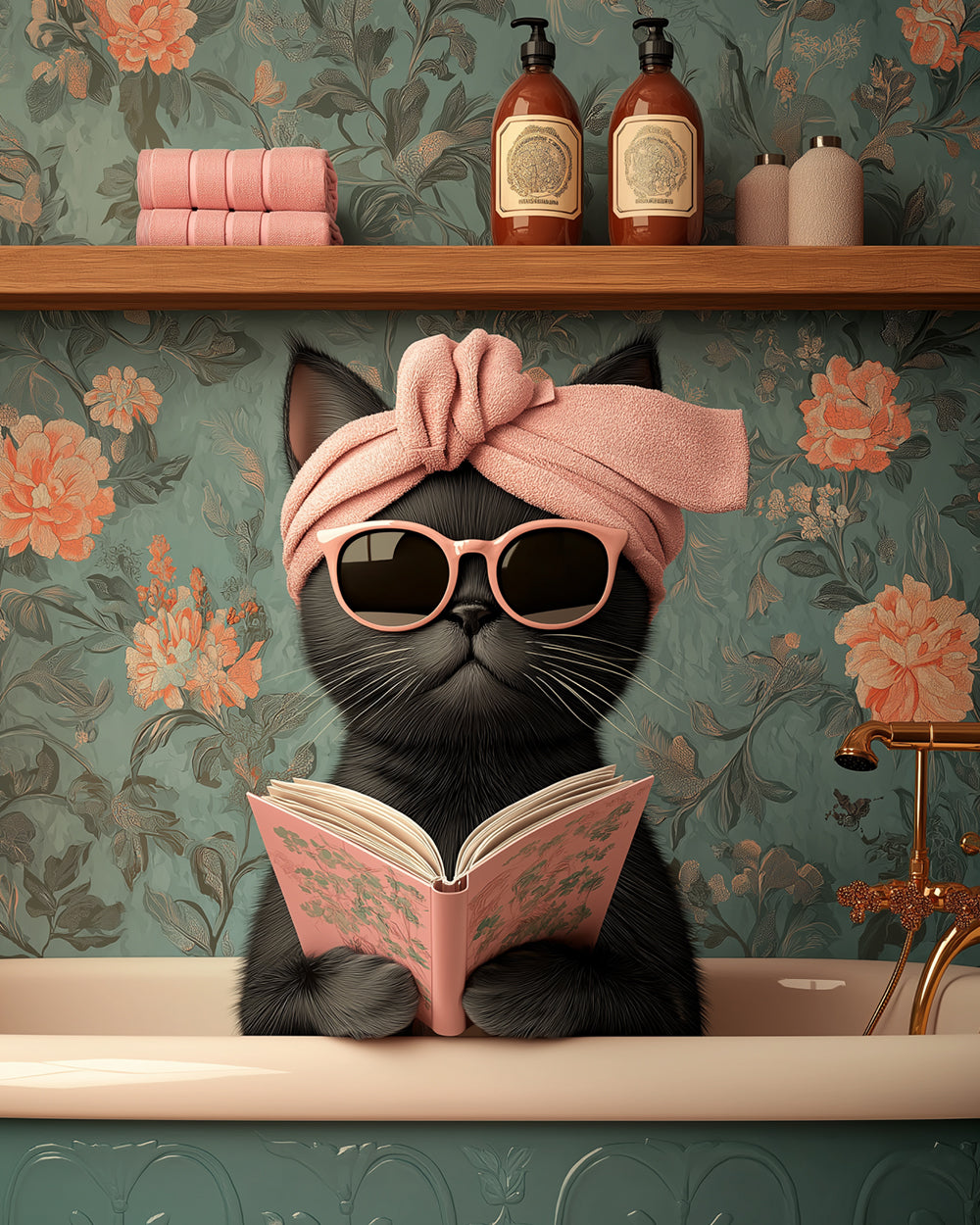 Black cat reading in bath cross stitch kit for beginners