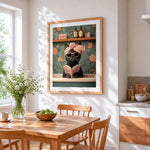 Black cat reading in bath cross stitch artwork displayed on wall as home decor