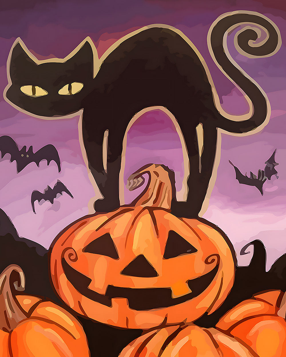 Black cat silhouette with pumpkins cross stitch kit for beginners