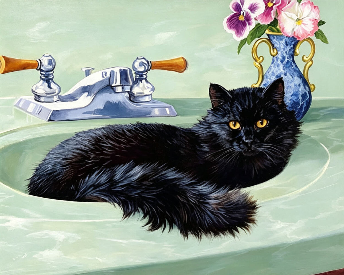 Black cat sitting in a green sink cross stitch kit for beginners