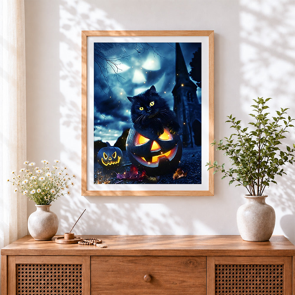 Finished black cat sitting on glowing jack-o'-lantern cross stitch artwork displayed