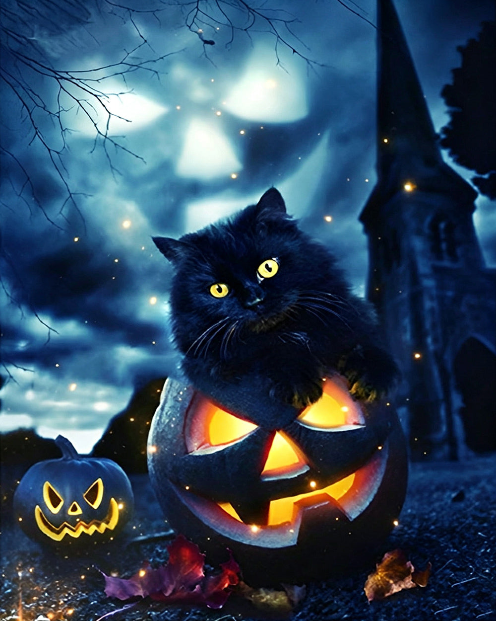 Black cat sitting on glowing jack-o'-lantern cross stitch kit for beginners
