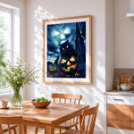 Black cat sitting on glowing jack-o'-lantern cross stitch artwork displayed on wall as home decor