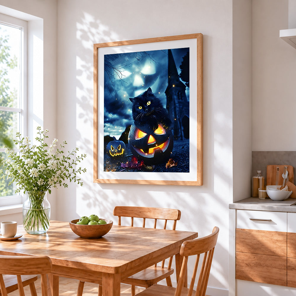 Black cat sitting on glowing jack-o'-lantern cross stitch artwork displayed on wall as home decor