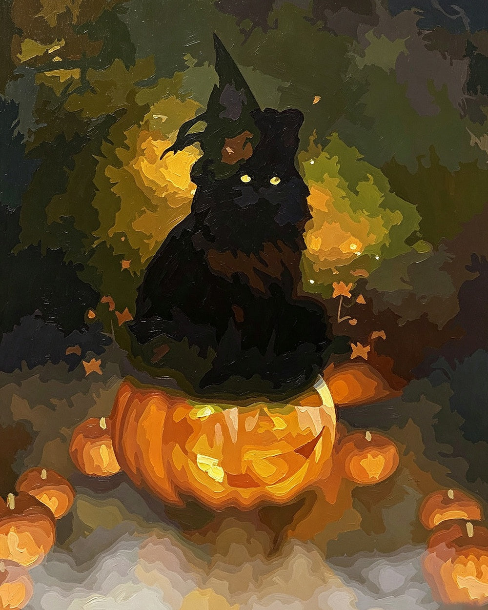 Black cat sitting on glowing pumpkin cross stitch kit for beginners