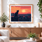 Finished black cat watching the sunset in paris cross stitch artwork displayed