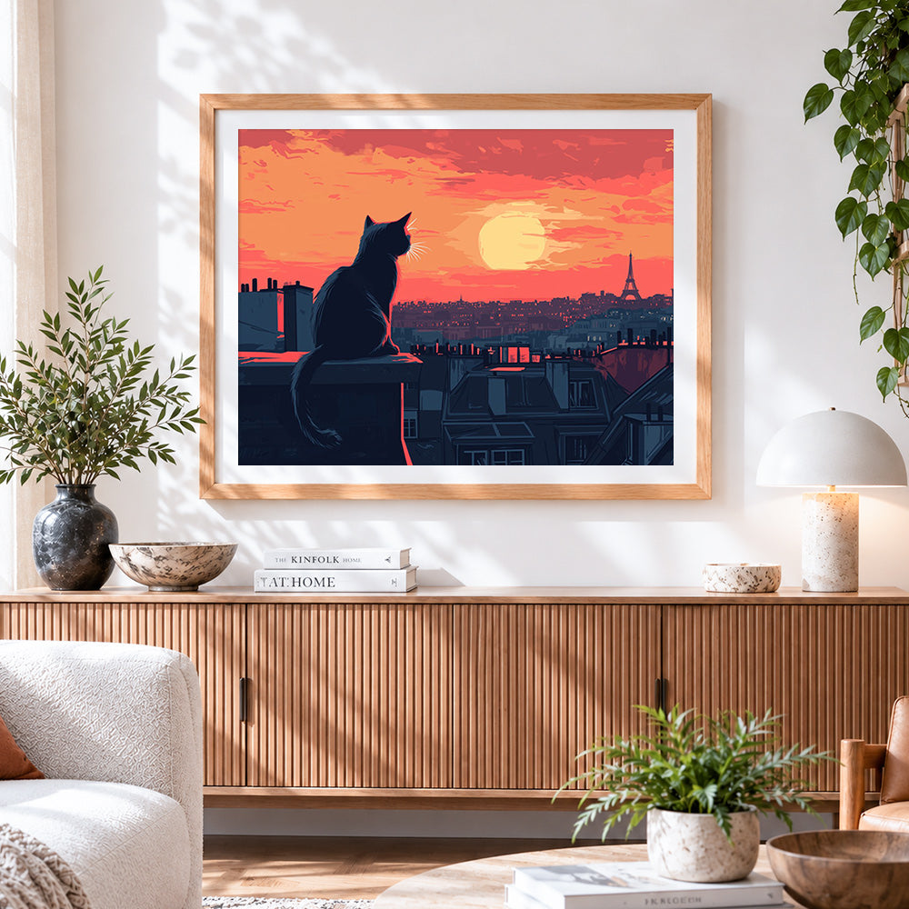 Finished black cat watching the sunset in paris cross stitch artwork displayed