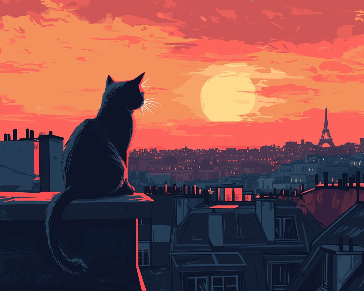 Black cat watching the sunset in paris cross stitch kit for beginners