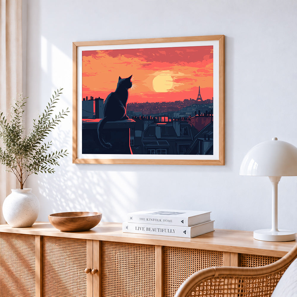 Black cat watching the sunset in paris paint by numbers artwork displayed on wall as home decor
