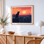 Black cat watching the sunset in paris paint by numbers artwork displayed on wall as home decor