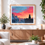 Finished black cat watching the sunset on a roof cross stitch artwork displayed