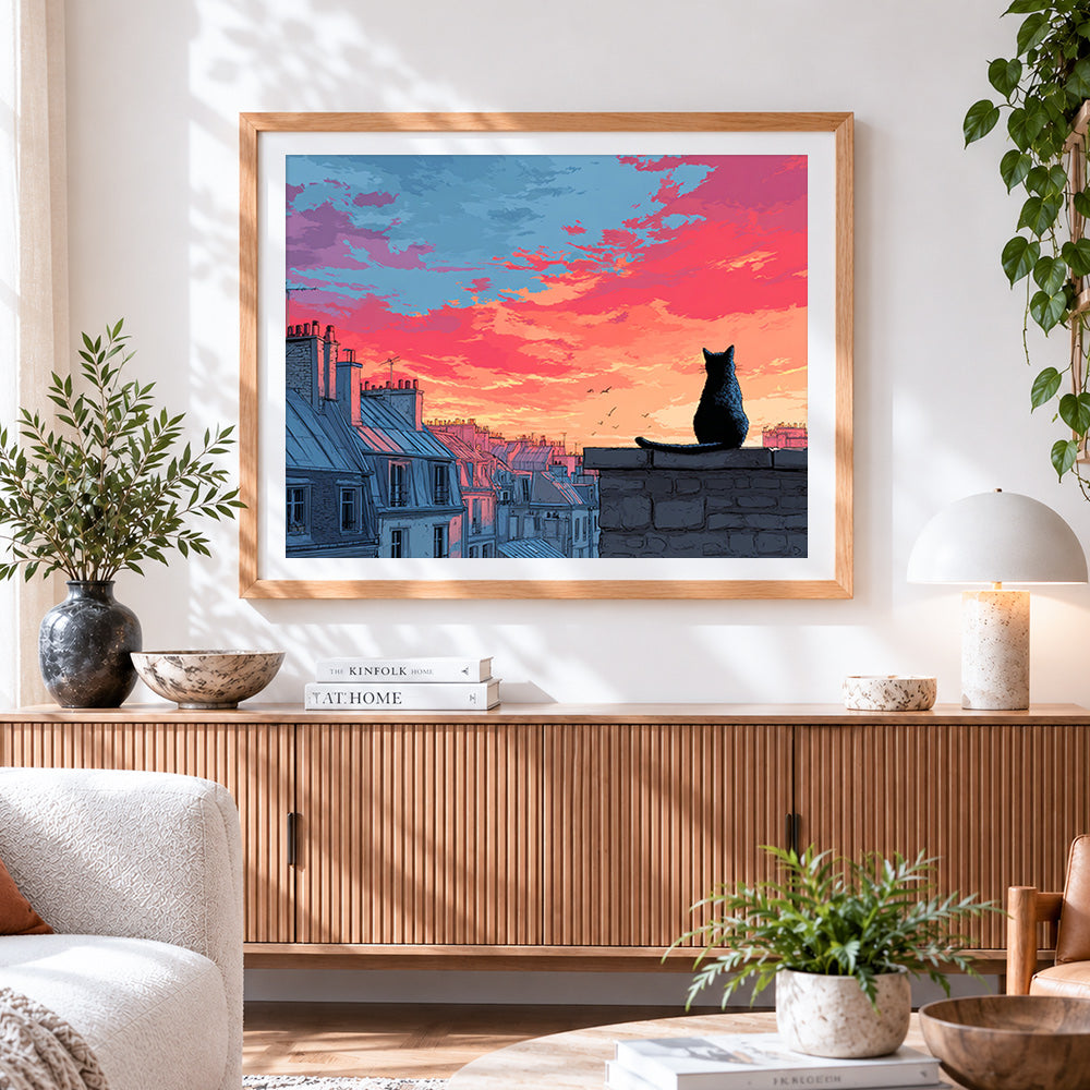 Finished black cat watching the sunset on a roof cross stitch artwork displayed