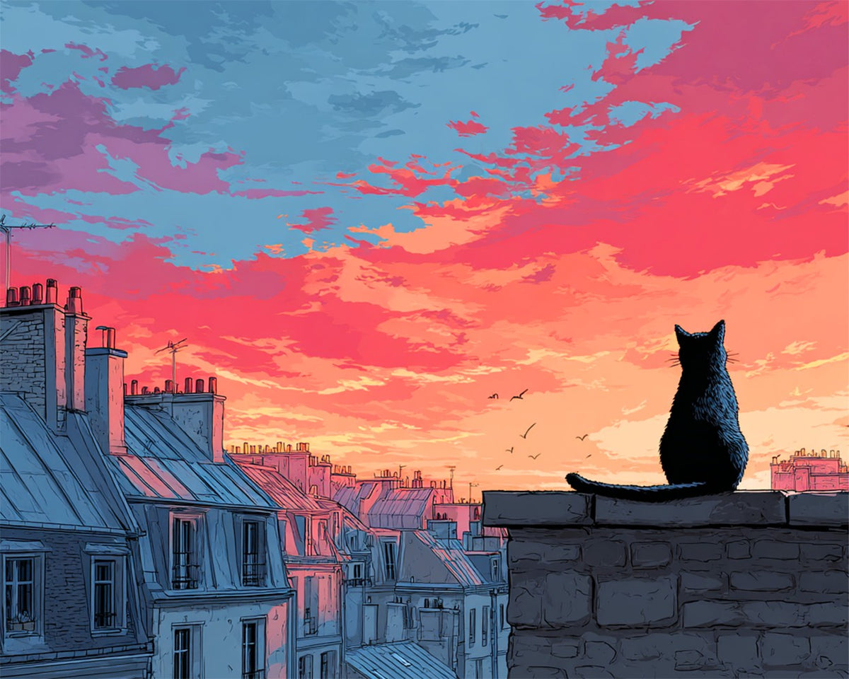 Black cat watching the sunset on a roof paint by numbers kit for beginners