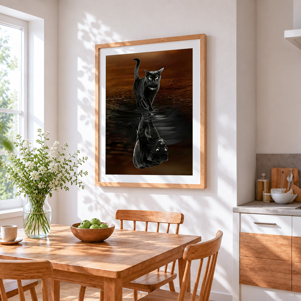 Black cat water reflection cross stitch artwork displayed on wall as home decor