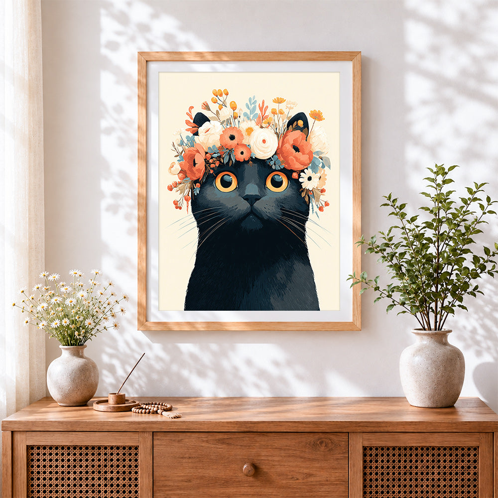 Finished black cat with floral crown cross stitch artwork displayed