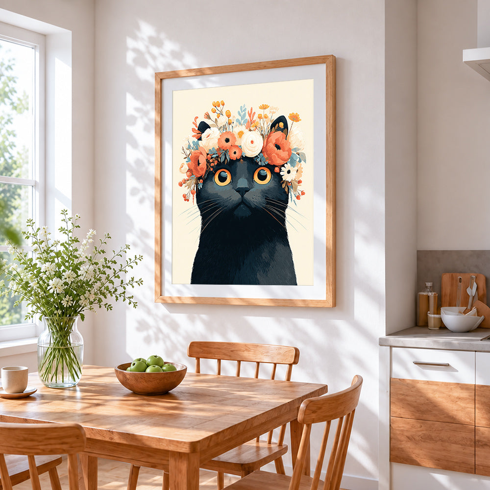 Black cat with floral crown cross stitch artwork displayed on wall as home decor