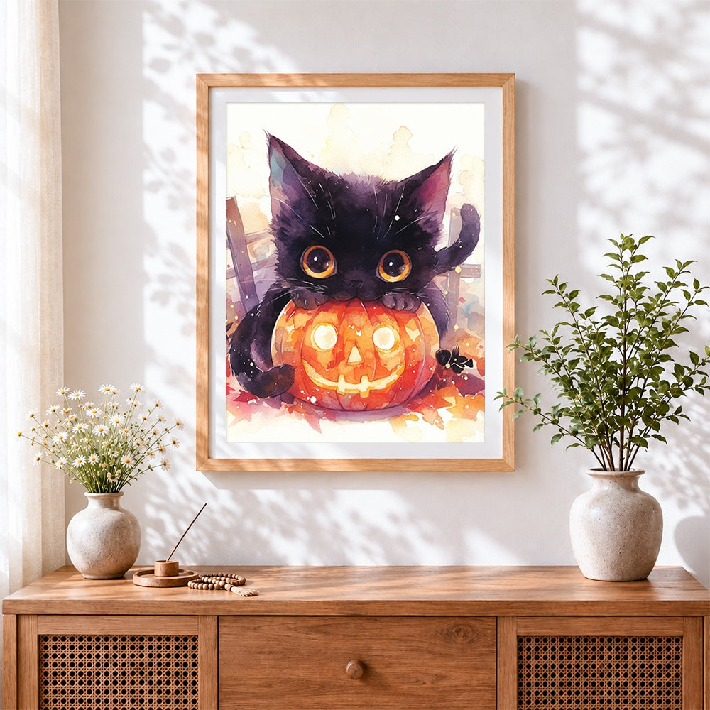 Finished black cat with glowing pumpkin cross stitch artwork displayed