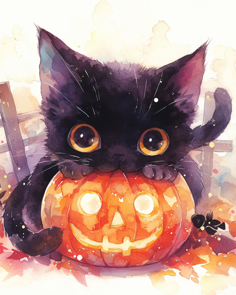 Black cat with glowing pumpkin cross stitch kit for beginners