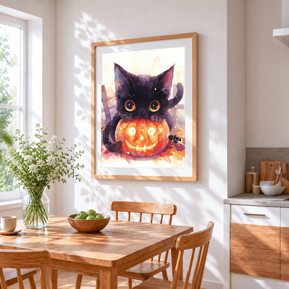 Black cat with glowing pumpkin cross stitch artwork displayed on wall as home decor