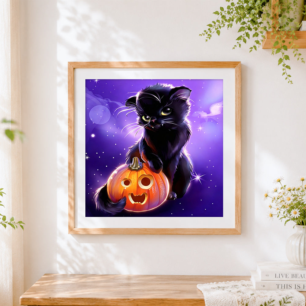 Finished black cat with jack-o'-lantern cross stitch artwork displayed