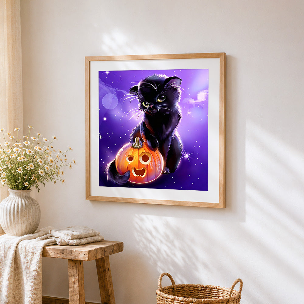 Black cat with jack-o'-lantern paint by numbers artwork displayed on wall as home decor