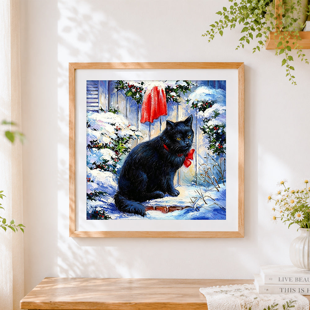 Finished black cat with red bow in the snow paint by numbers artwork displayed as home decor