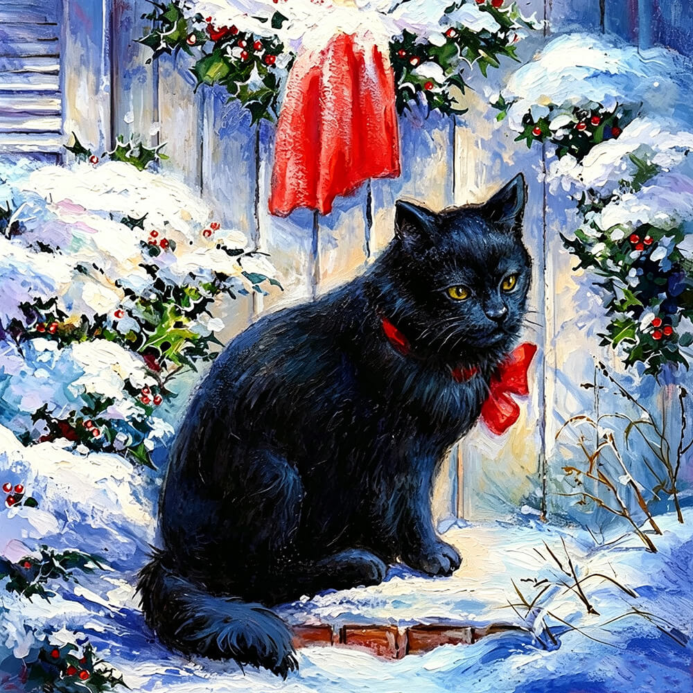 Black cat with red bow in the snow paint by numbers kit for beginners