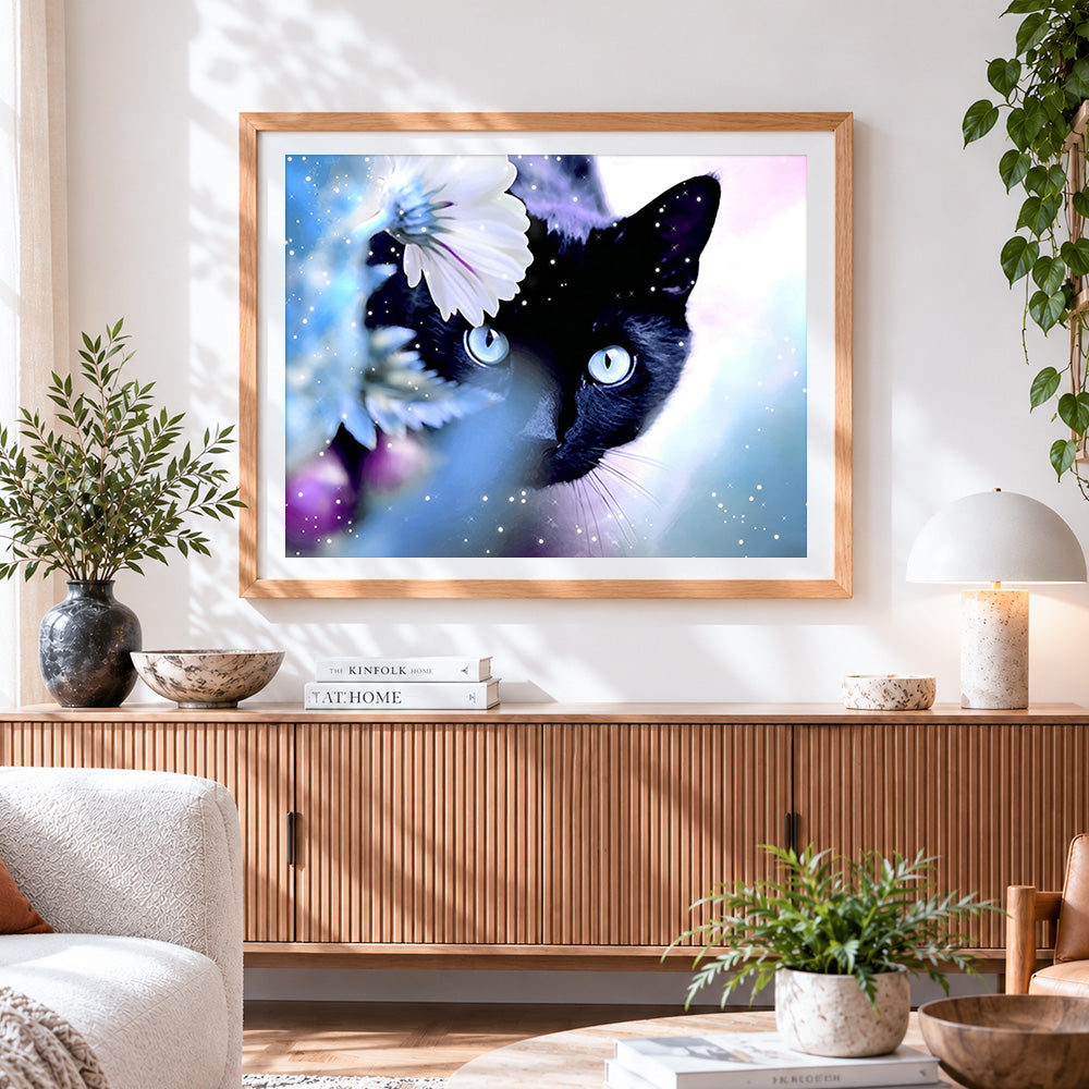 Finished black cat with white flower paint by numbers artwork displayed as home decor
