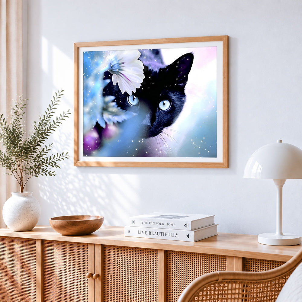 Black cat with white flower paint by numbers artwork displayed on wall as home decor
